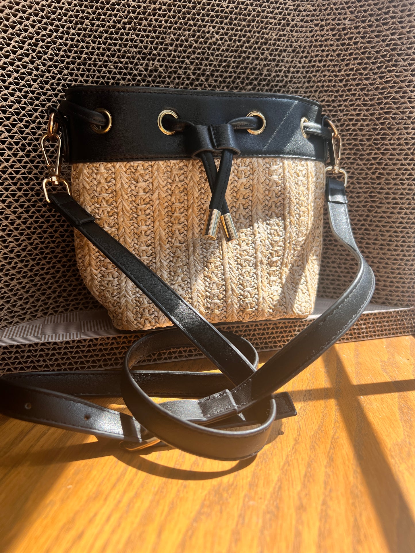 Straw and Black Leather Bucket Purse