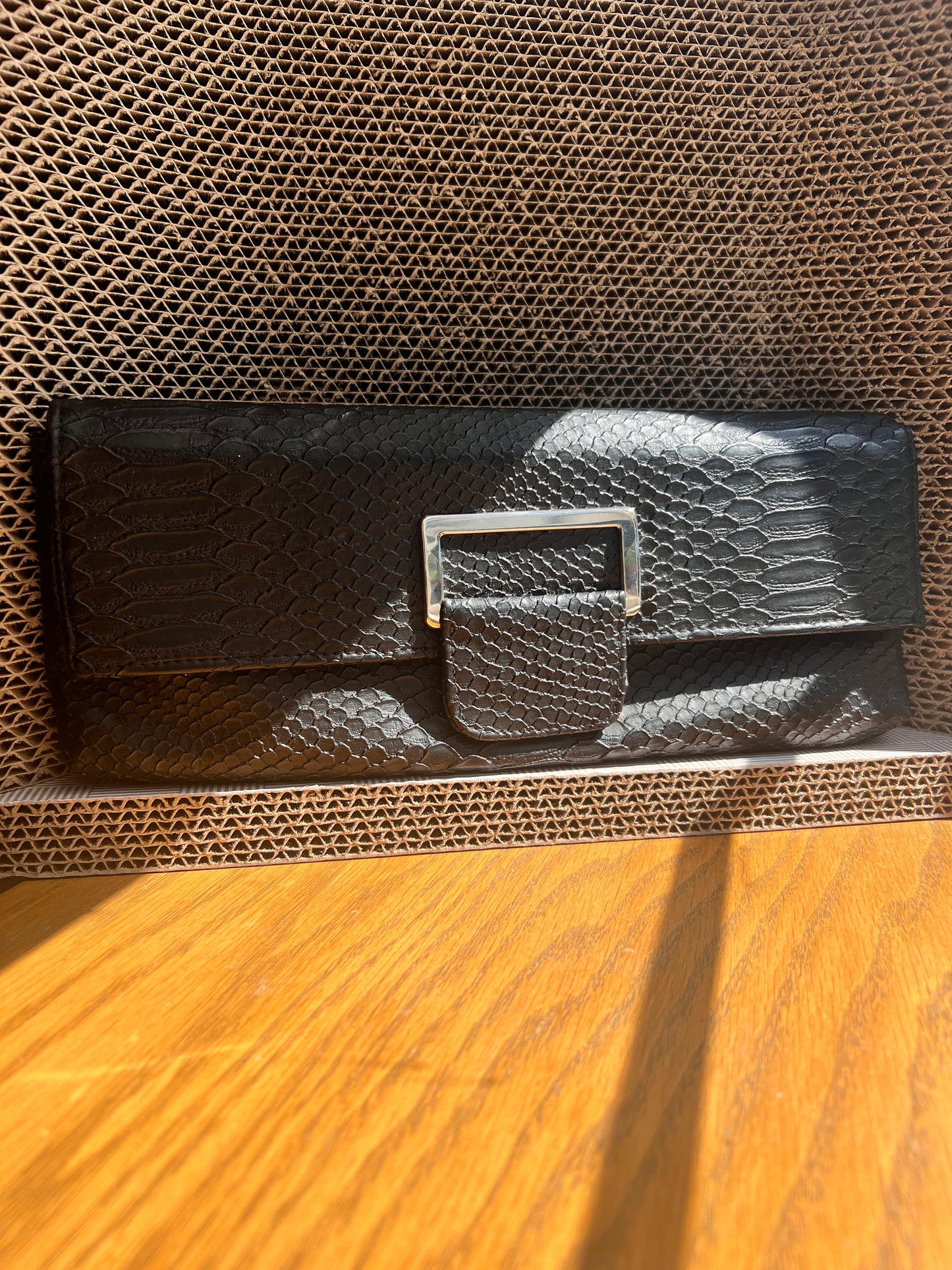 Black Snakeskin Buckle Cluch