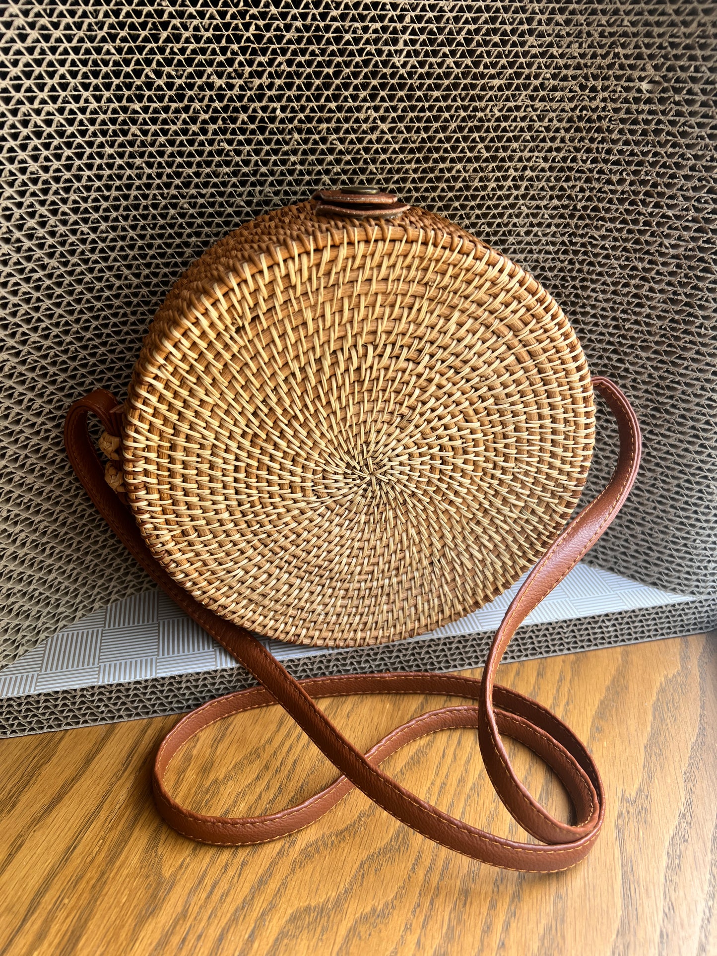 Tan Round Wicker Crossbody Bag